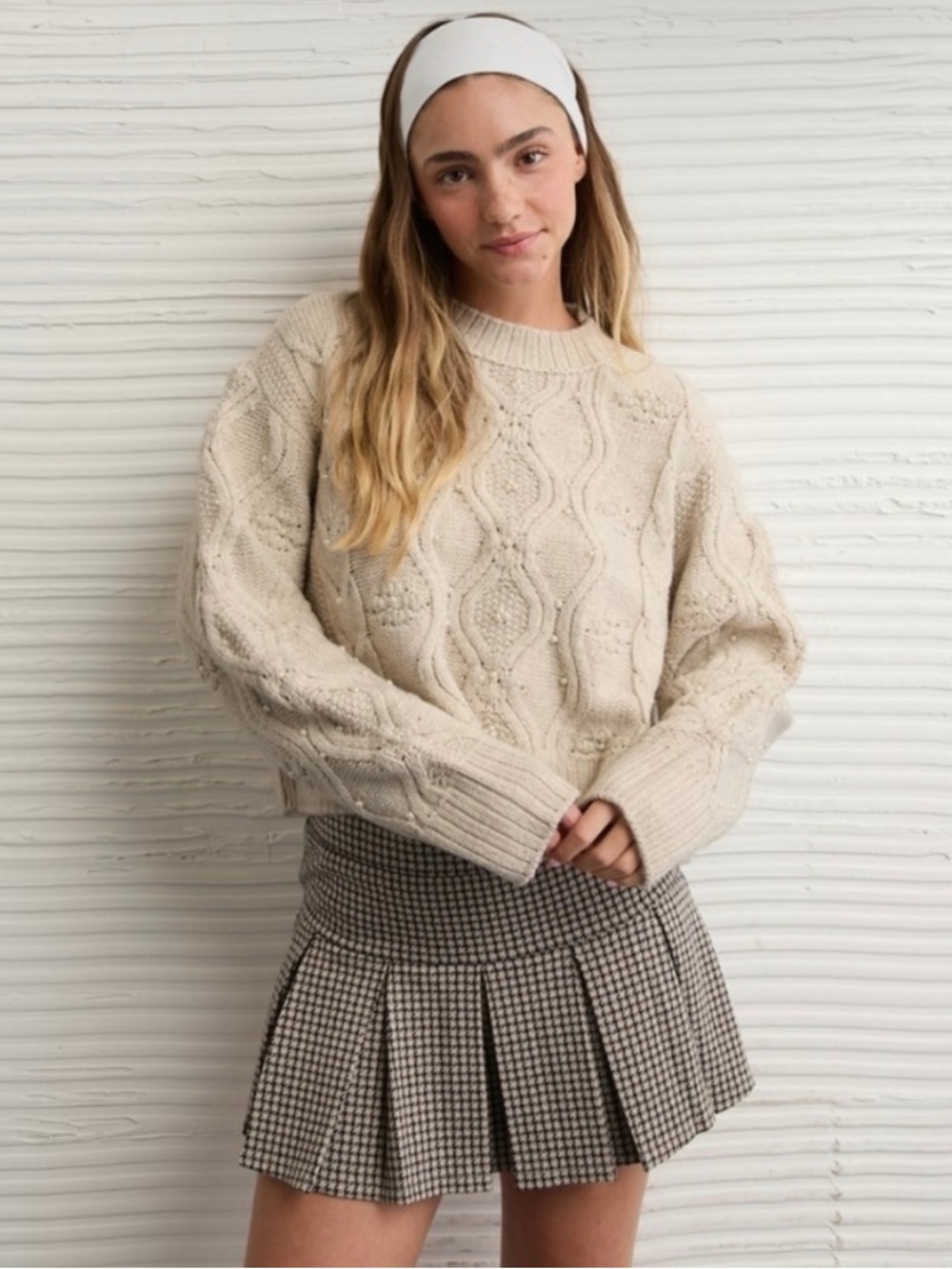 American Eagle Outfitters Cream Cable Knit Crewneck Sweater NWT